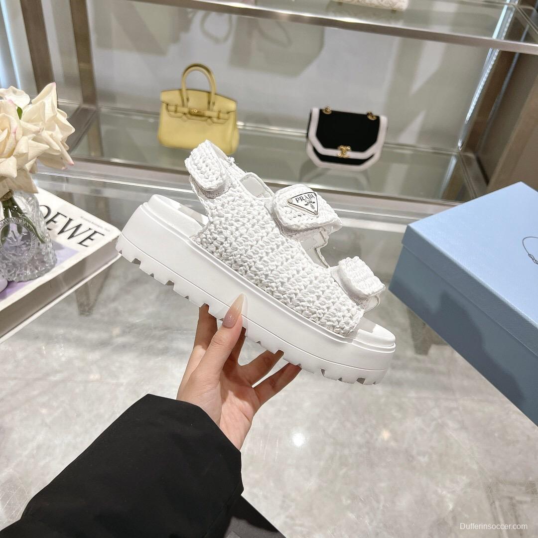 2025 Women Prada White Knitted Platform Sandals