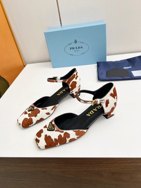 2025 Women Prada Brown White Calf Hair Strap Heels LY00270