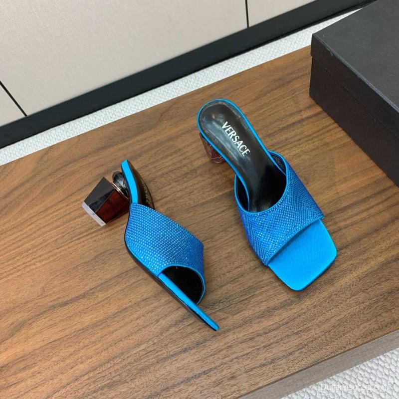 2025 Women VERSACE Blue Satin Slippers