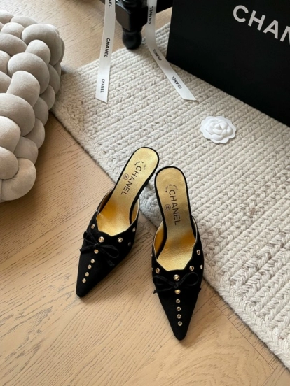 2025 Women Chanel Black Suede Pointed Toe Studded Mules