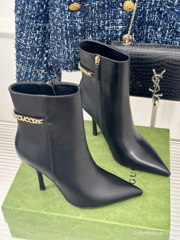 2024 Women Gucci Black Calfskin Leather Ankle Boots Chain MJ00410