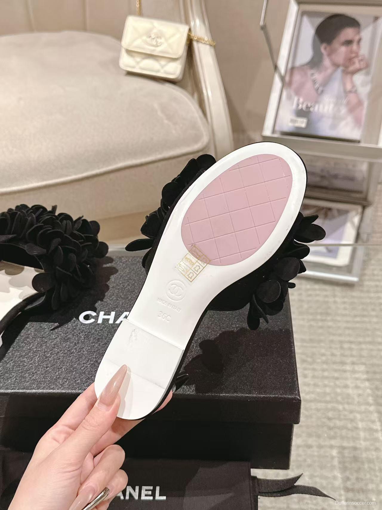 2025 Women Chanel Black Suede Mule Floral B2032-2