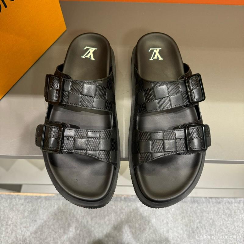 2024 Men Louis Vuitton Black Leather Slippers