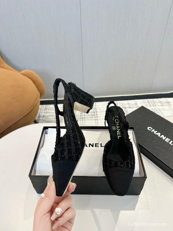 2025 Women Chanel Black Wool Leather Slingback Pumps