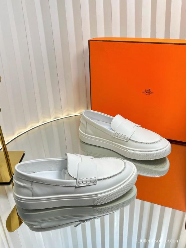 2025 Unisex Hermès White Leather Fabric Loafers LY00310(F)/LY00320(M)
