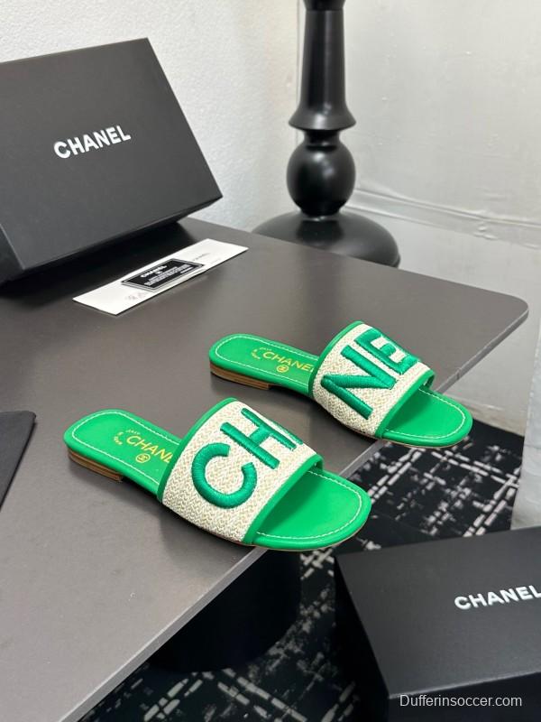 2025 Women Chanel Green Canvas Slippers