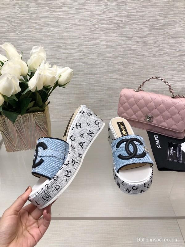 2025 Women Chanel Blue Denim Canvas Slippers LY00320