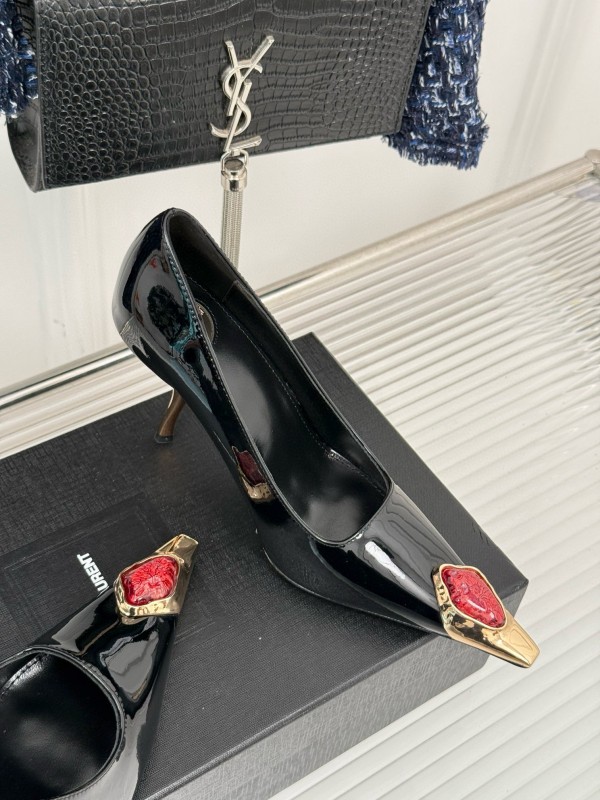 2024 Women Yves Saint Laurent Black Patent Leather High Heel Gemstone MJ00330
