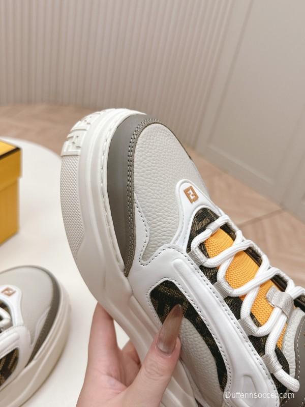 2025 Women Fendi White Grey Yellow Leather Mesh Sneakers