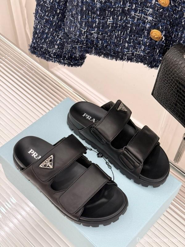 2025 Women Prada Black Leather Slippers KFY00240