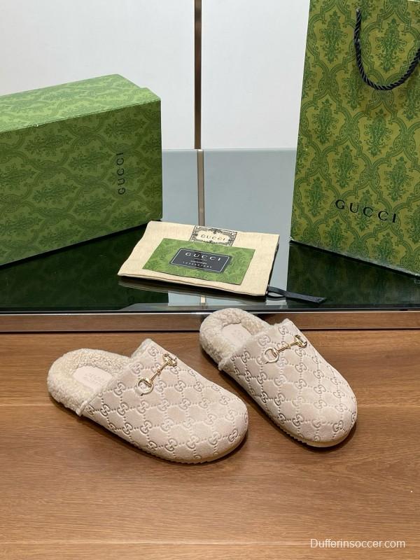 2024 Slippers Gucci Beige Shearling GG Embroidery