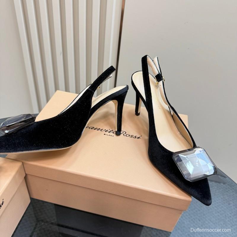 2025 Women Gianvito Rossi Black Velvet Slingback Heels Gemstone Decoration KFY00300