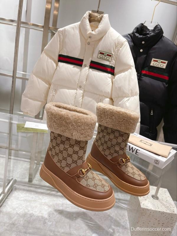 2024 Women Gucci beige brown leather shearling snow boots MJ00420