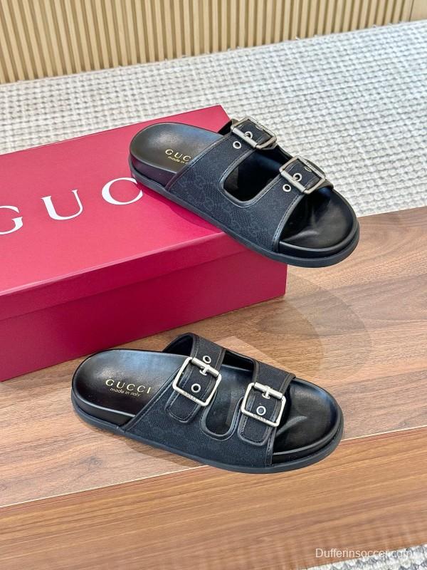 2025 Women Gucci Black Leather Slippers LY00240