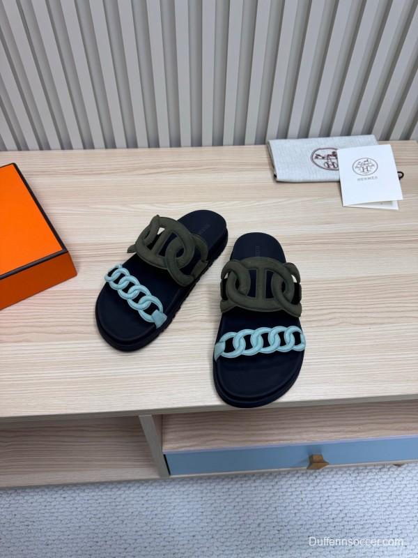 2025 Women Hermès Black Light Blue Leather Slippers