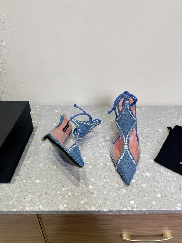 2025 Women Les Petits Joueurs Blue Denim Satin Leather Heels KFY00290