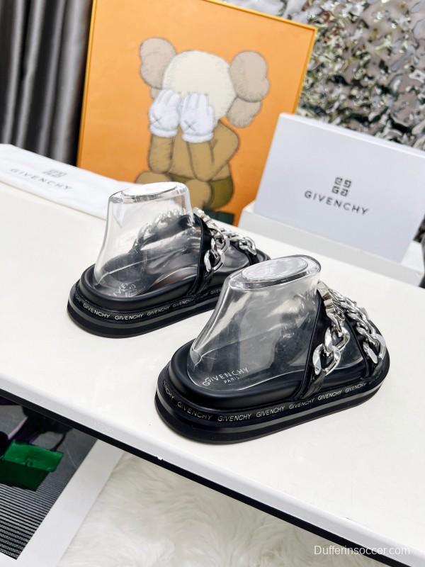 2025 Women Givenchy Black Leather Sandals Chain LY00250