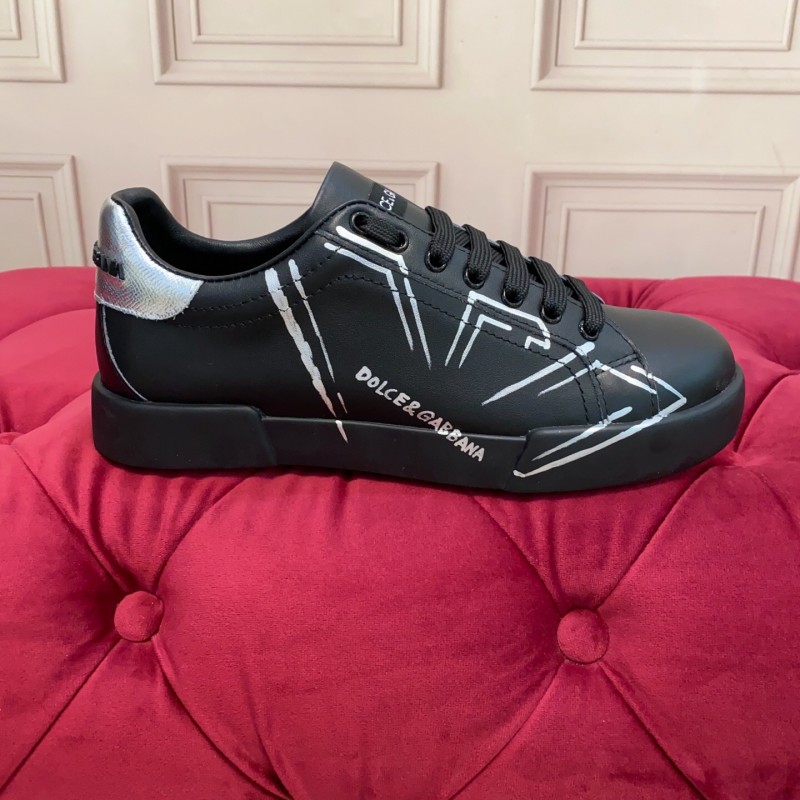 2025 Men Dolce & Gabbana Black Silver Leather Sneakers