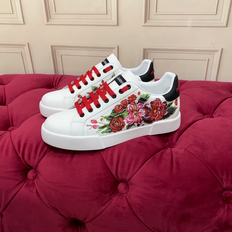 2025 Women Dolce & Gabbana White Red Leather Sneakers Floral LY00300