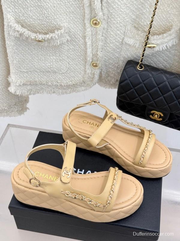 2025 Women Chanel Beige Leather Platform Sandals Chain KFY00270