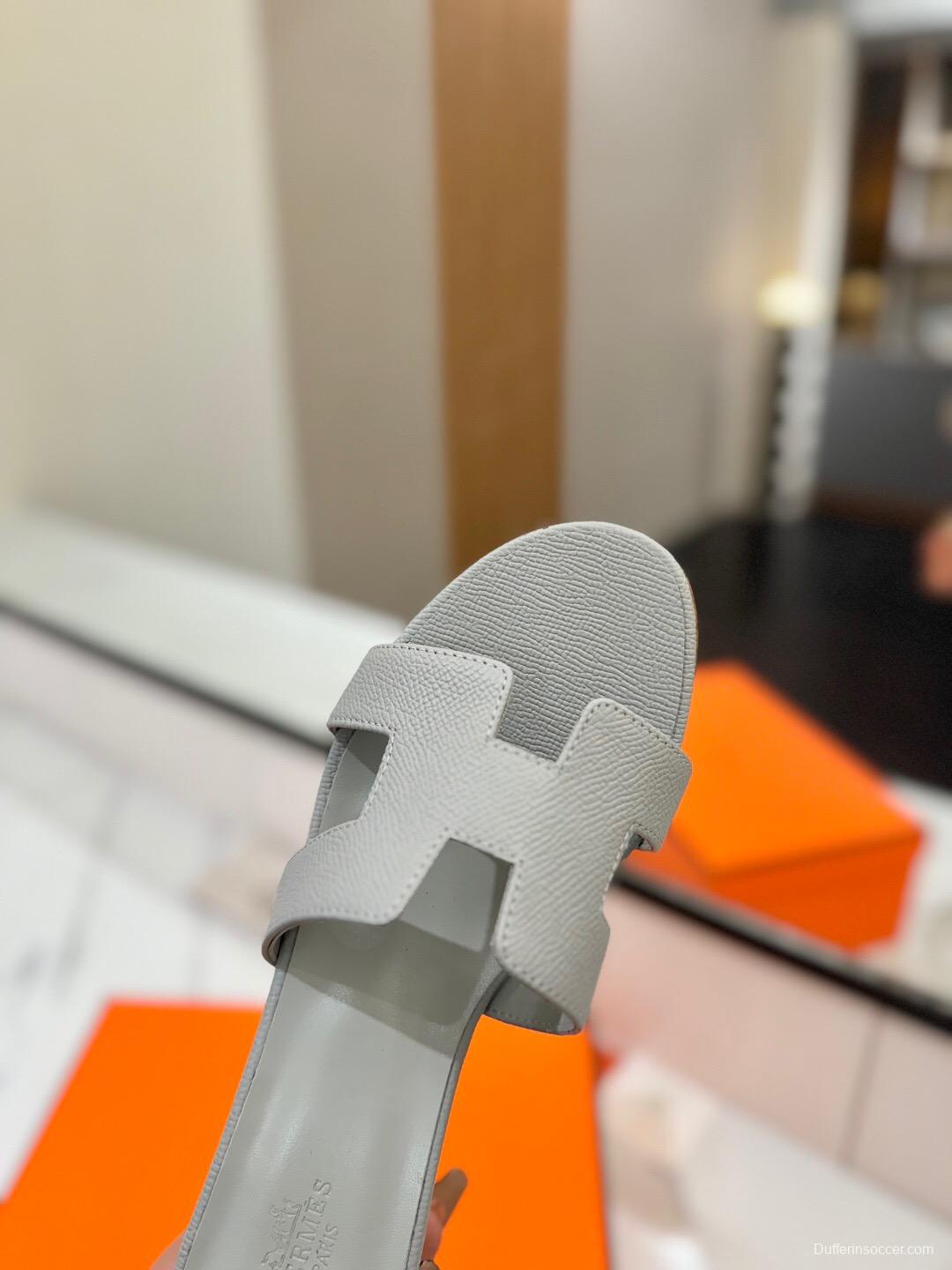 2025 Women Hermès Grey Leather Heeled Slippers