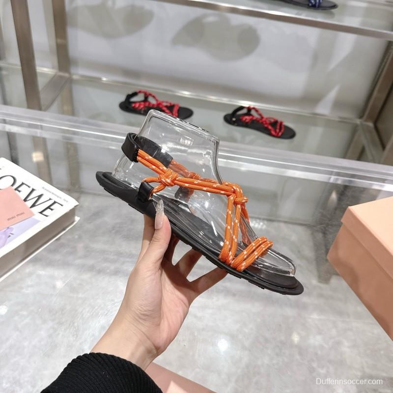 2025 Women Miu Miu Orange Black Rope Leather Sandals