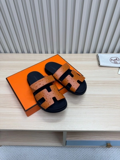 2025 Women Hermès Brown Black Leather Slippers