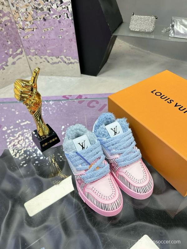 2024 Unisex Louis Vuitton Blue Pink Leather Sneakers