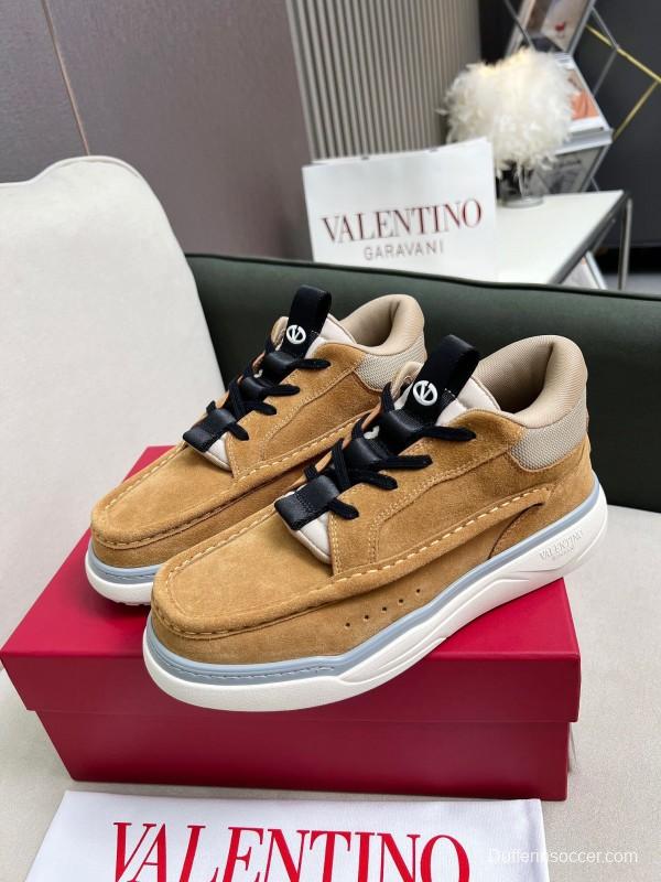 2025 Unisex Valentino Brown Beige Leather Suede Sneakers LY00390