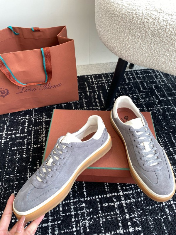 2024 Unisex Loro Piana Grey Suede Calf Leather Trainers MJ00320