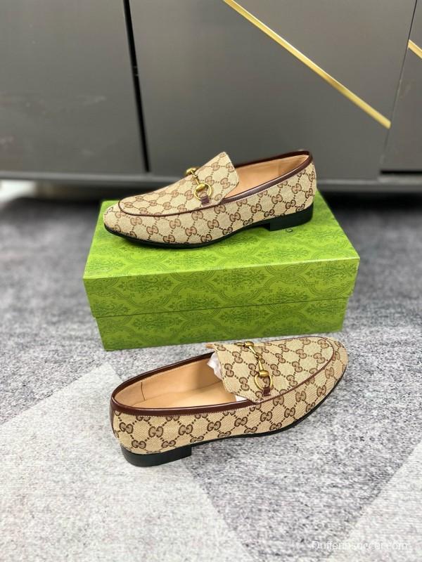 2024 Men Gucci Beige Brown Canvas Leather Loafer