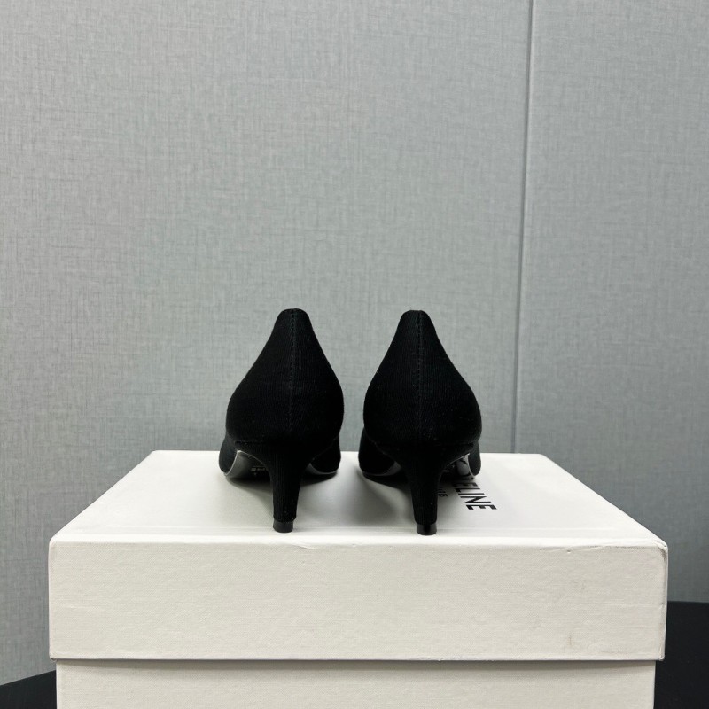 2025 Women Celine Black Fabric Pointed Toe Metal Buckle Pumps