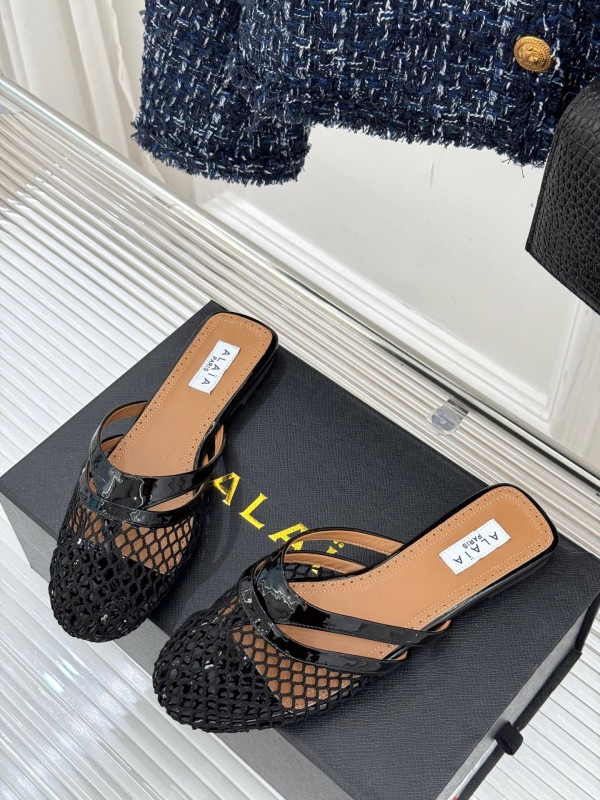 2025 Women AlAIA Black Leather Mesh Flat Mule KFY00260
