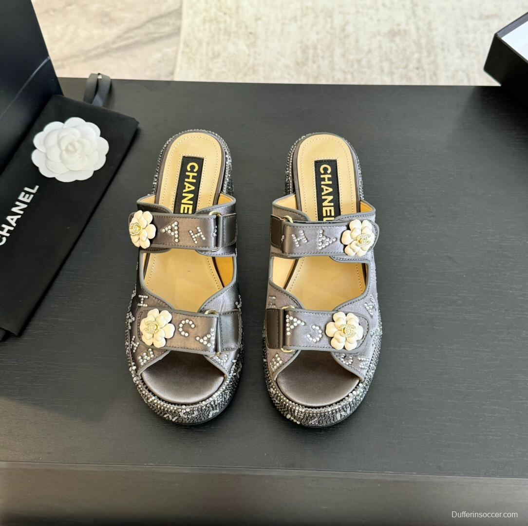 2025 CHANEL Grey Leather Platform Slippers LY00330