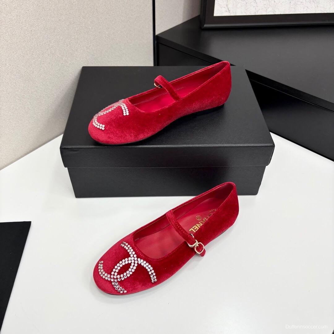 2025 Women Chanel Red Velvet Ballet Flats KFY00280