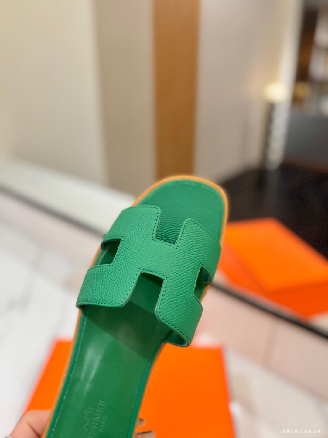 2025 Women Hermès Green Leather Slippers