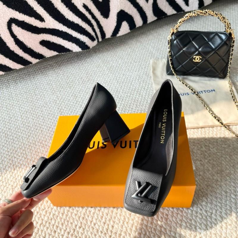 2024 Women Louis Vuitton Black Leather Mid Heel Pumps