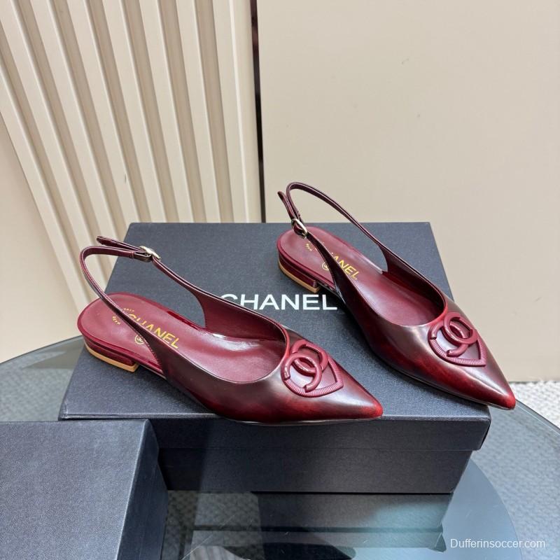 2025 Women Chanel Bordeaux Leather Slingback Sandals KFY00290