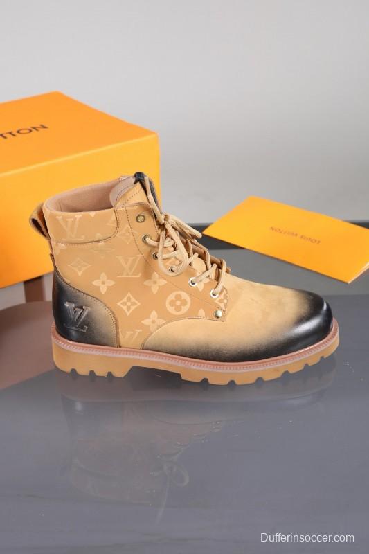 2024 Men Louis Vuitton Beige Black Leather Canvas Boots MJ00470