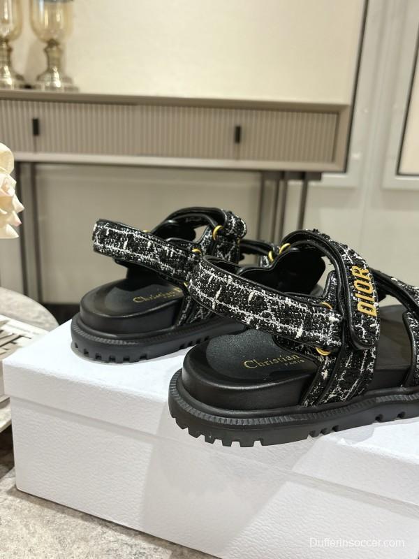 2025 Women Dior Black Fabric Leather Sandals KFY00300