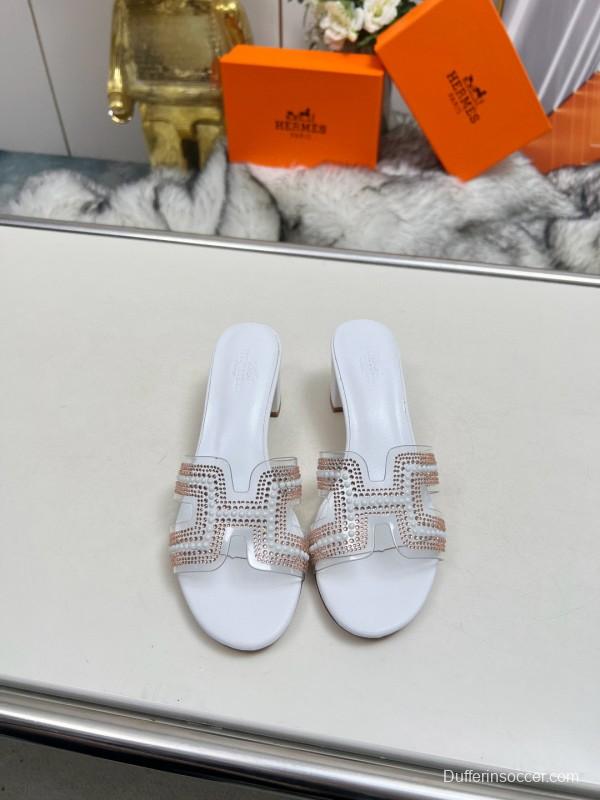 2025 Hermès White Leather Slippers H Pattern MJ00180