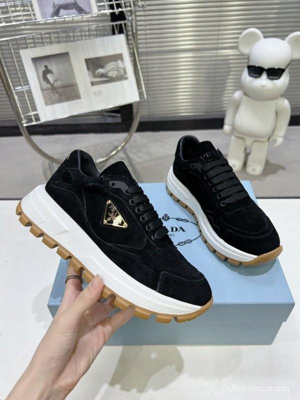 2025 Unisex Prada Black Suede Leather Sneakers KFY00310