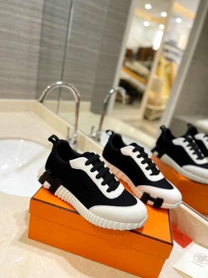 2024 Unisex Hermès Black White Knitted Leather Sneakers