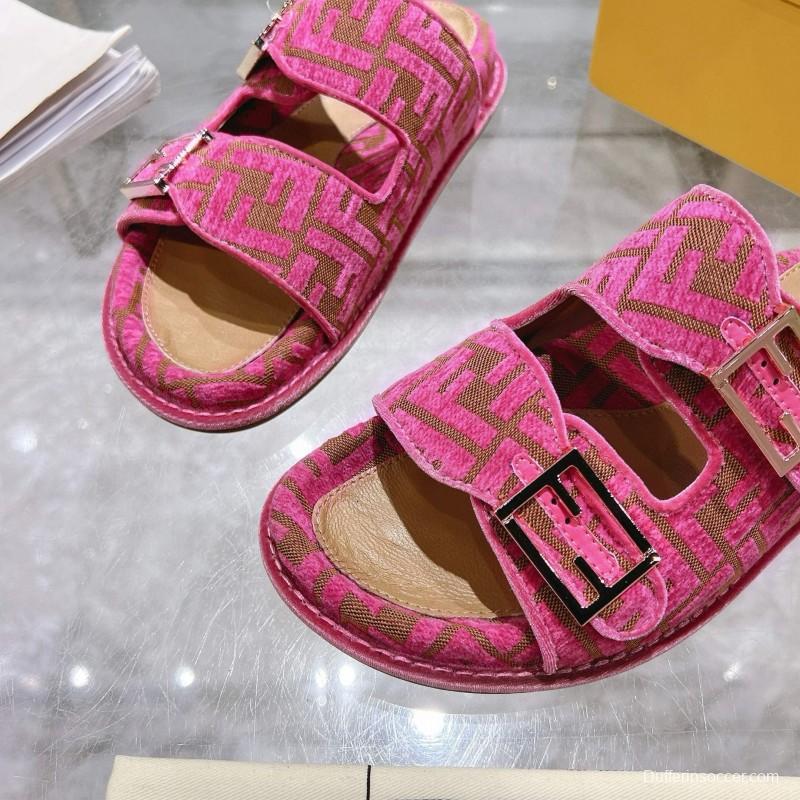 2025 Slippers Fendi Pink Jacquard Fabric Flat Buckle MJ00230