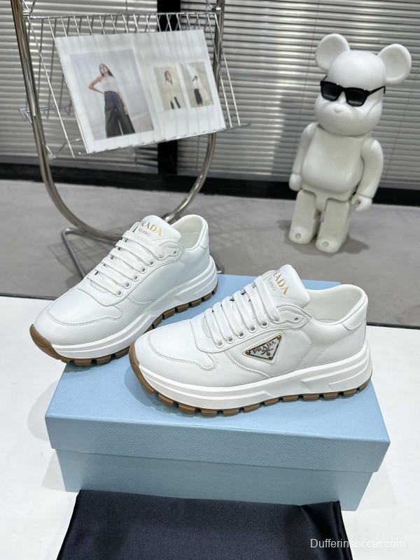 2025 Women Prada White Cow Leather Lambskin Sneakers KFY00310