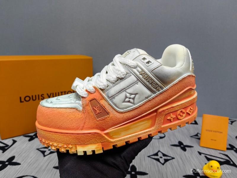 2025 Unisex Louis Vuitton Orange White Denim Leather Plimsolls Complex Wash KFY00510