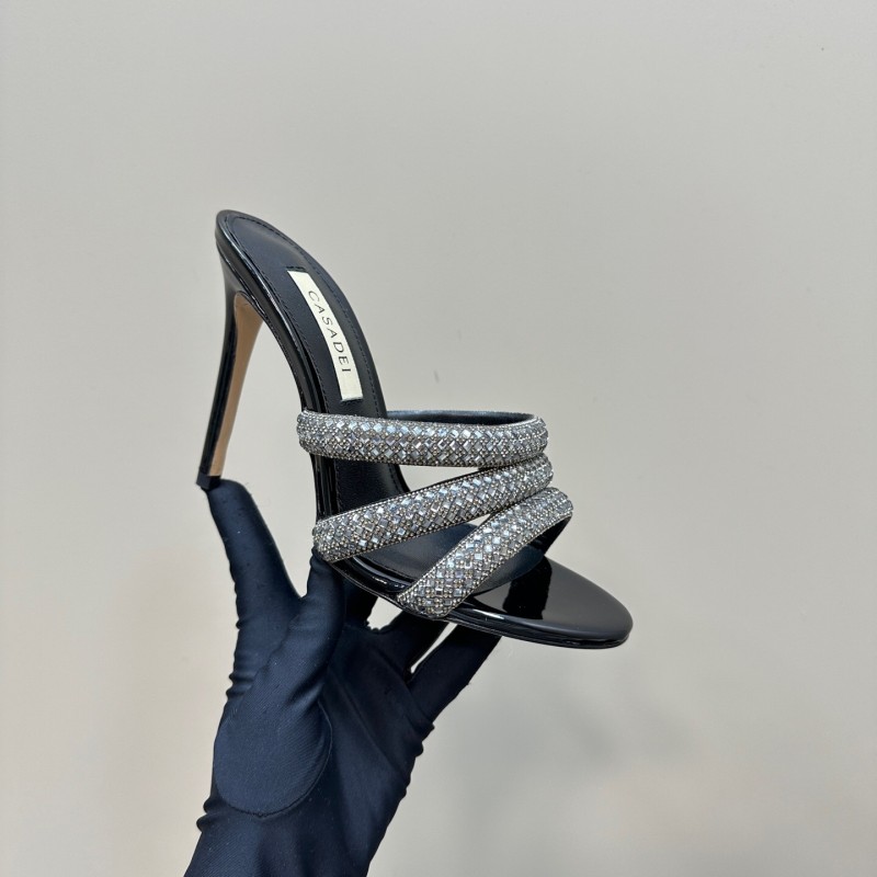 2025 Women Casadei Black Rhinestone Leather High Heels KFY00290