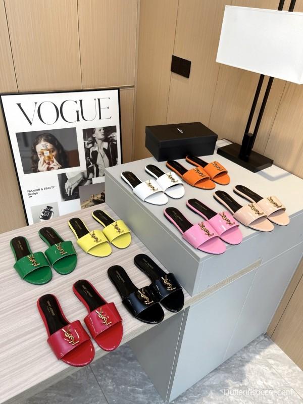 2025 Women Yves Saint Laurent Green Leather Slippers LY00180