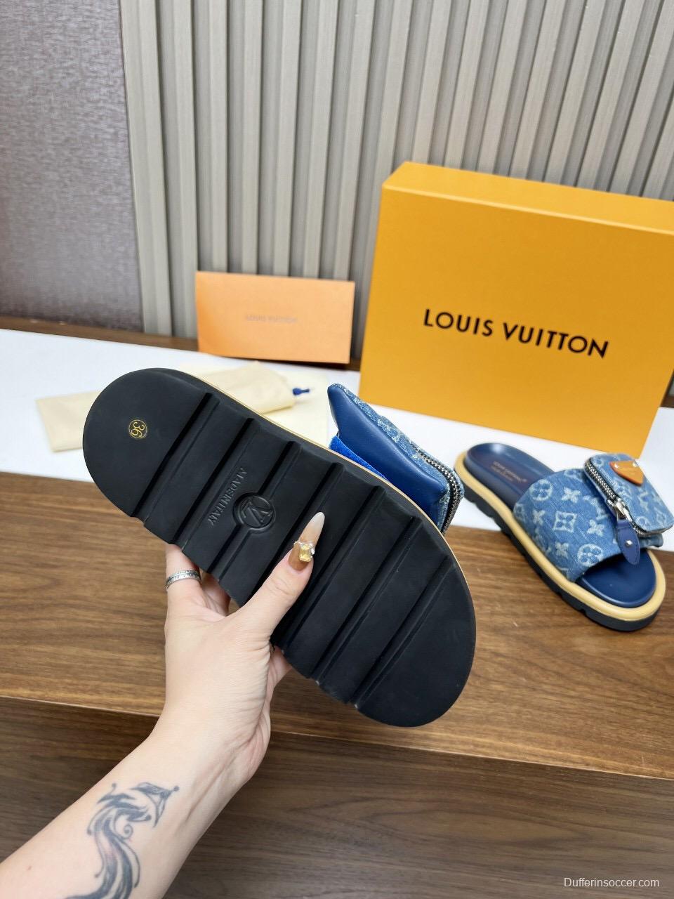 2025 LV Blue Denim Leather Slippers
