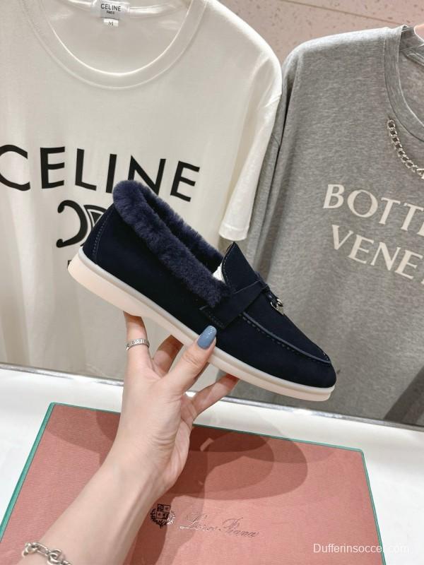 2024 Women LP Navy Suede Fur Loafers